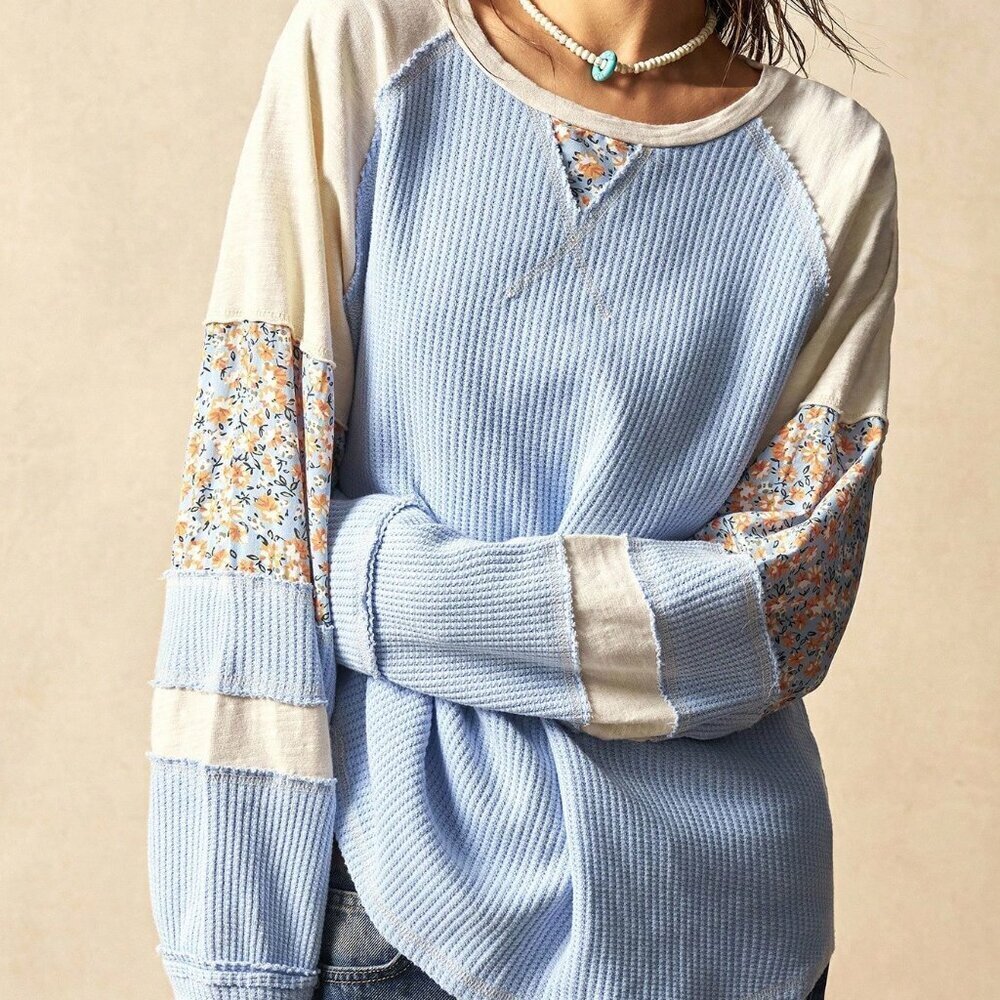 Blue Casual Women's Knit Patchwork Round Neck Long Sleeve Loose Blouse - Picture 1 of 8